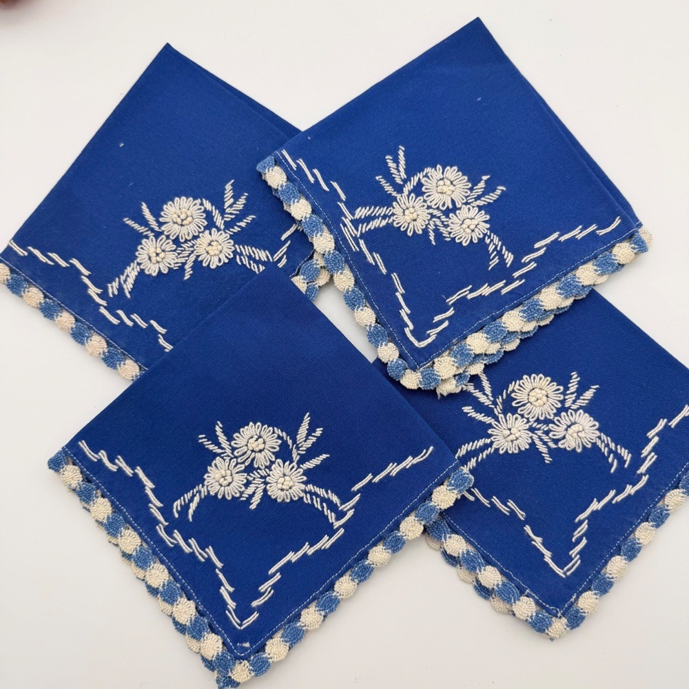 Vintage Blue Cloth Napkins Set of 4 White Floral Embroidery Tatted Trim Cocktail